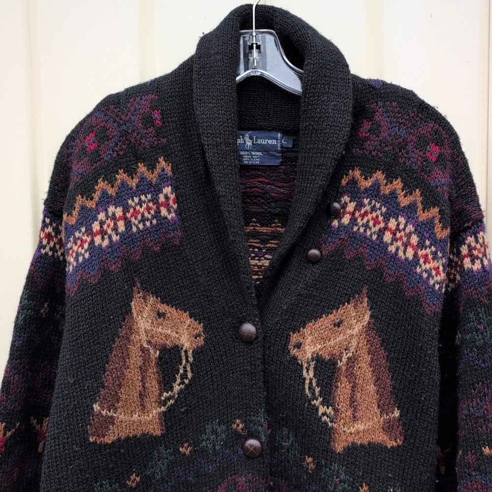 Vtg Ralph Lauren Cardigan Sweater Womens Large Wool Horse Fair Isle Esquestrian - Picture 3 of 8